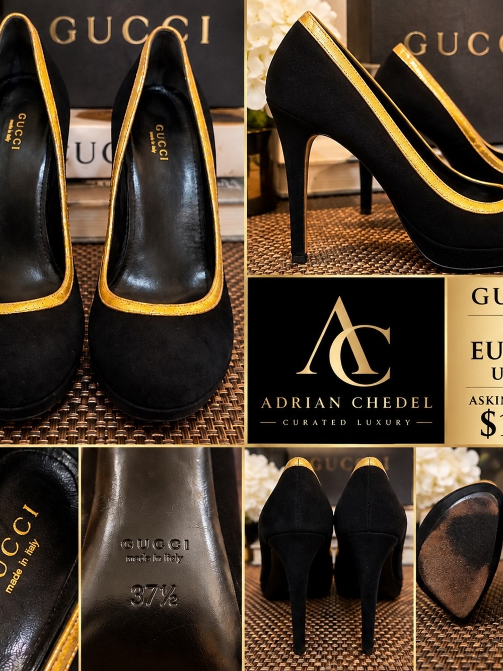 Gucci Black Suede Pumps with Gold Trim